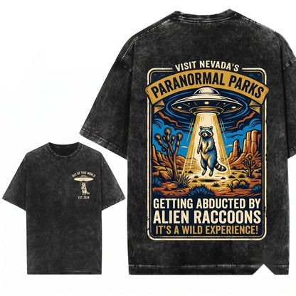Retro Alien Raccoon UFO Desert Abduction Y2K Sci Fi Western Funny Animal Gift Unisex Wash T-Shirt