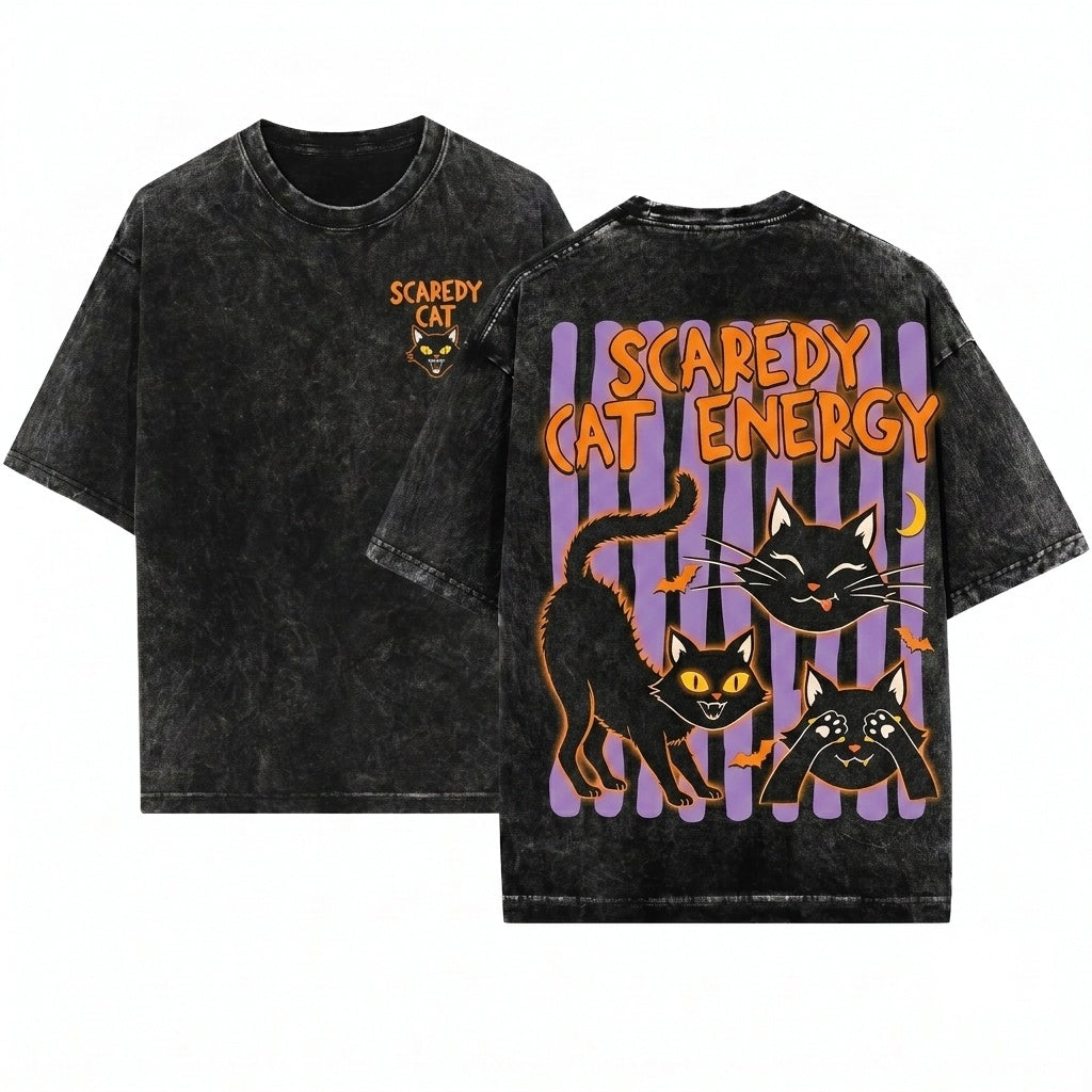 Scaredy Cat Energy Halloween Black Graphic Unisex Wash T-Shirt