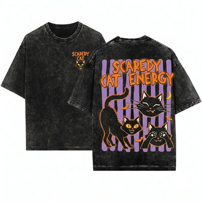 Scaredy Cat Energy Halloween Black Graphic Unisex Wash T-Shirt