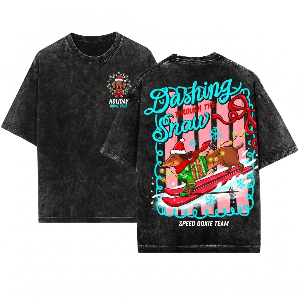 Preppy Dachshund Through The Snow Merry Christmas Coquette Dog Tis The Season Graphic Unisex Wash T-Shirt