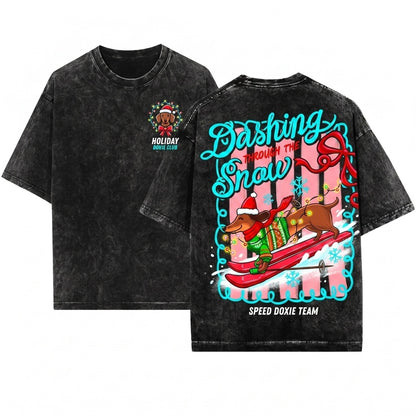 Preppy Dachshund Through The Snow Merry Christmas Coquette Dog Tis The Season Graphic Unisex Wash T-Shirt