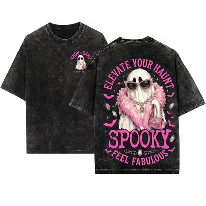 Spooky Ghost Feather Boa Halloween Women Holiday Season Unisex Wash T-Shirt
