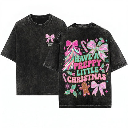 Floral Brushstroke Christmas Tree Bow Merry Bright Coquette Gingerbread Pink Blue Unisex Wash T-Shirt