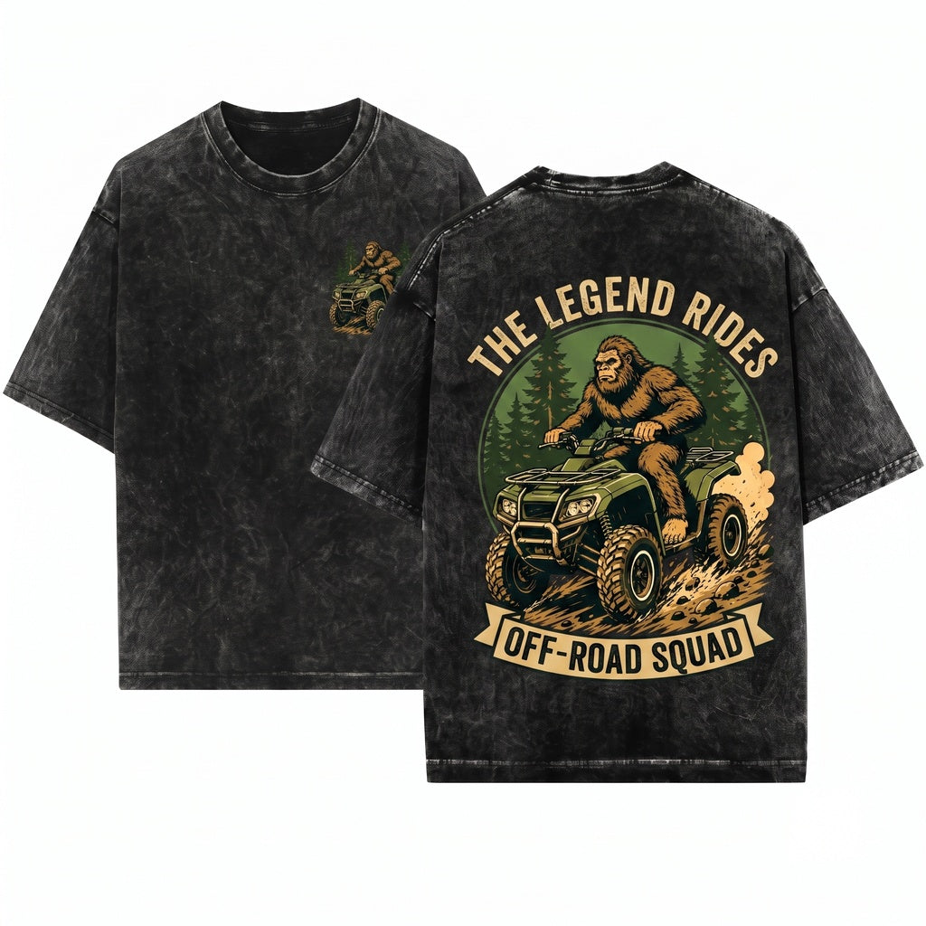 Funny Bigfoot Sasquatch Cryptid ATV Quad 4-Wheeler Off-Road Rider Gift Unisex Wash T-Shirt