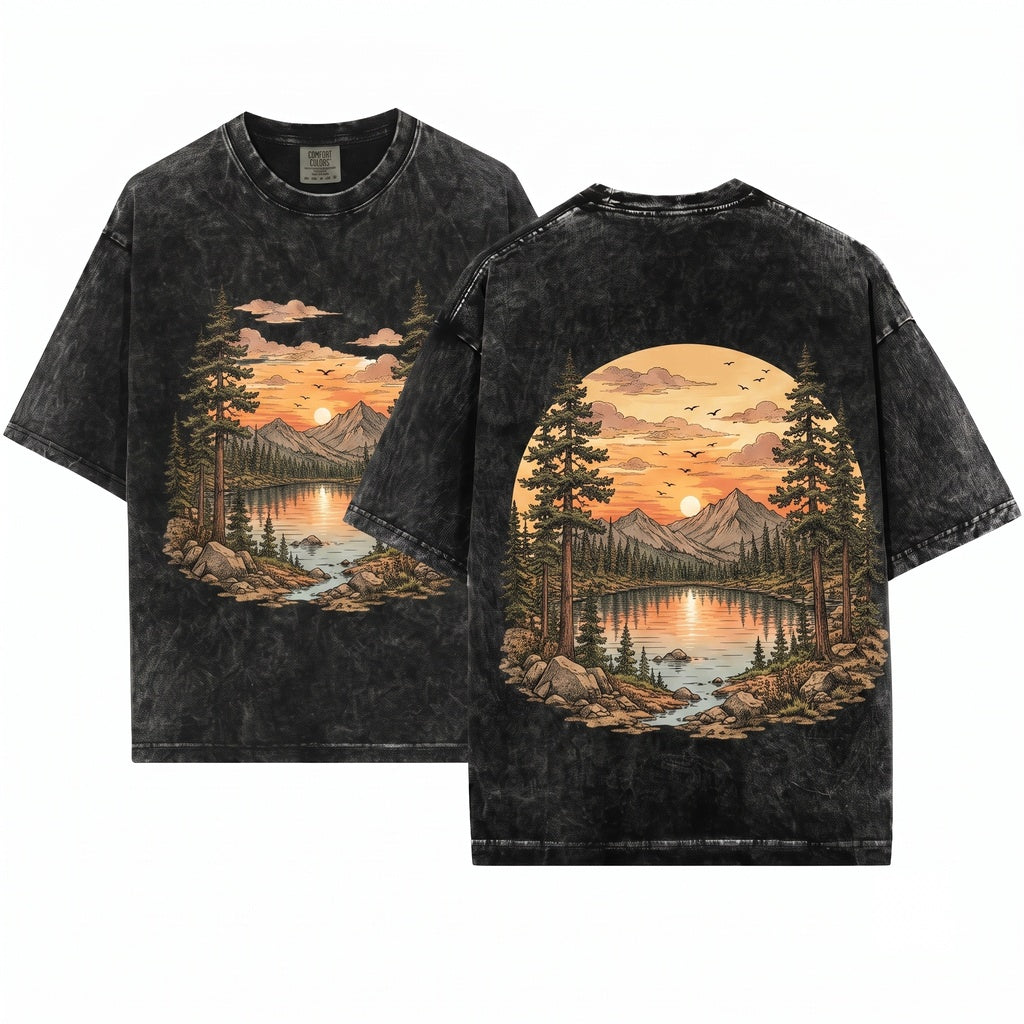 Vintage Mountain Lake Sunset Pine Forest Nature Rustic Wilderness Outdoor Graphic Gift Unisex Wash T-Shirt