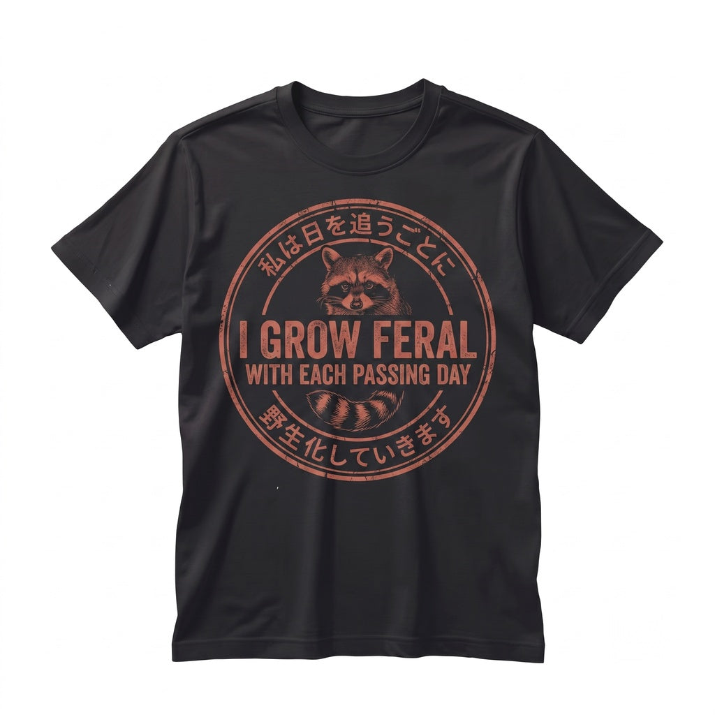 Vintage Japanese Style I Grow Feral Raccoon Graphic Novelty Unisex TShirt