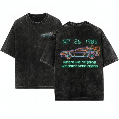 Retro 80s Sci-Fi Time Travel Doc Marty Graphic Unisex Wash T-Shirt