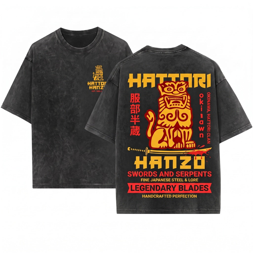 Hattori Hanzo Japanese Samurai Katana Graphic Emblem Unisex Wash T-Shirt