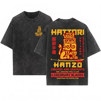 Hattori Hanzo Japanese Samurai Katana Graphic Emblem Unisex Wash T-Shirt