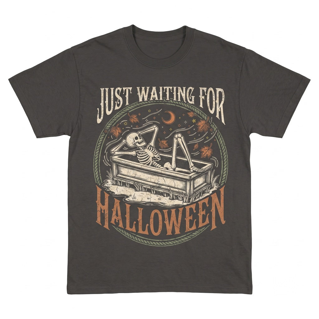 Just Waiting For Halloween Skeleton Coffin Falling Leaves Moon Spooky Season Graphic Unisex TShirt