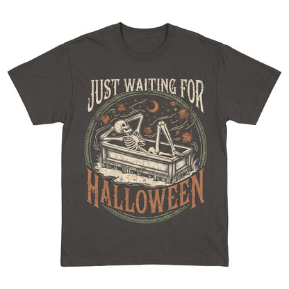 Just Waiting For Halloween Skeleton Coffin Falling Leaves Moon Spooky Season Graphic Unisex TShirt