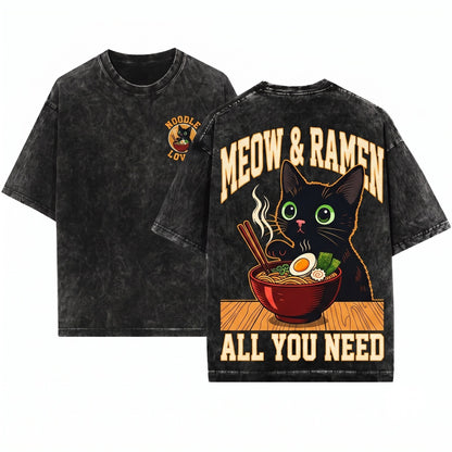 Kawaii Cute Anime Japanese Noodle Ramen Cat Gift Unisex Wash T-Shirt