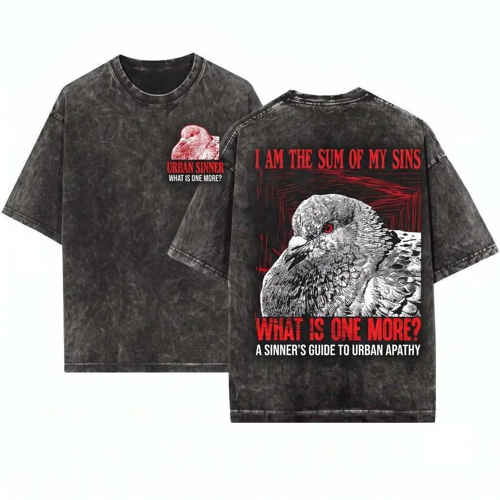 I Am The Sum Of My Sins Vintage Japanese Funny Pigeon Graphic Aesthetic Novelty Humor Retro Graphic Unisex Wash T-Shirt