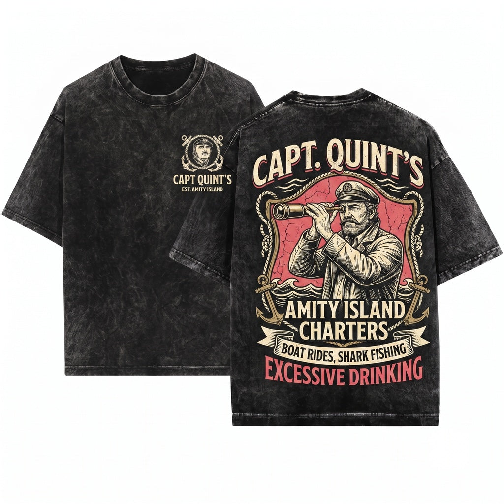 Captain Quint Amity Island Shark Hunter Vintage Movie Graphic Novelty Unisex Wash T-Shirt