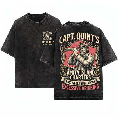 Captain Quint Amity Island Shark Hunter Vintage Movie Graphic Novelty Unisex Wash T-Shirt