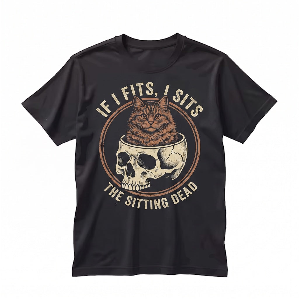 If It Fits I Sits Black Cat Skull Gothic Meme Dark Humor Identity Graphic Unisex TShirt