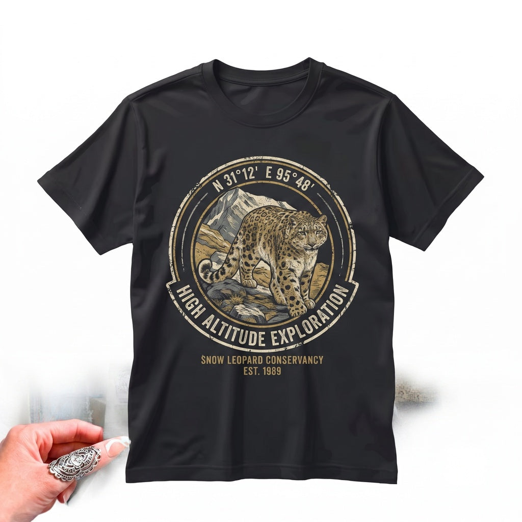 Retro Snow Leopard Mountain Graphic Alpine Wildlife Rugged Wilderness Nature Big Cat Lover Gift Unisex TShirt