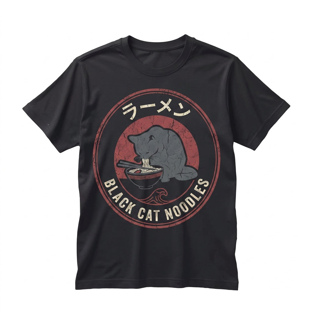 Cute Japanese Black Cat Eating Ramen Graphic Aesthetic Pet Lover Gift Apparel Unisex TShirt