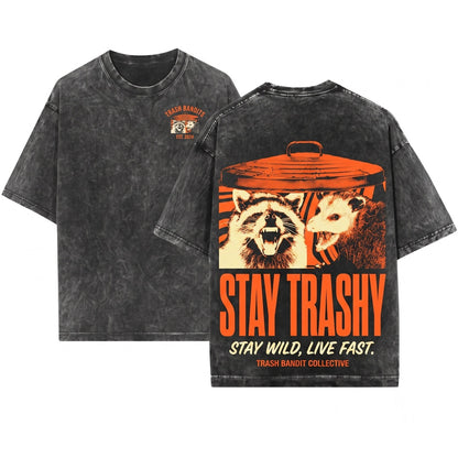 Stay Trashy Raccoon Opossum Funny Possum Vintage Graphic Meme Animal Humor Cute Unisex Wash T-Shirt