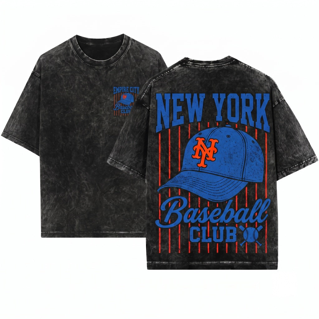New York Baseball Hat Pinstripe Graphic Gameday Apparel Unisex Wash T-Shirt