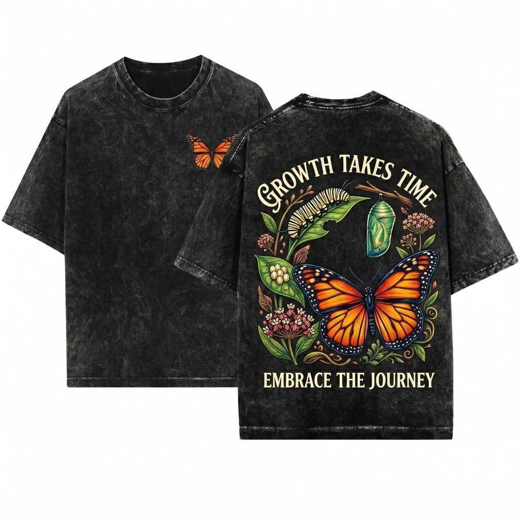 Vintage Butterfly Mental Health Inspirational Positive Quote Graphic Growth Takes Time Art Unisex Wash T-Shirt