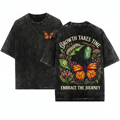 Vintage Butterfly Mental Health Inspirational Positive Quote Graphic Growth Takes Time Art Unisex Wash T-Shirt