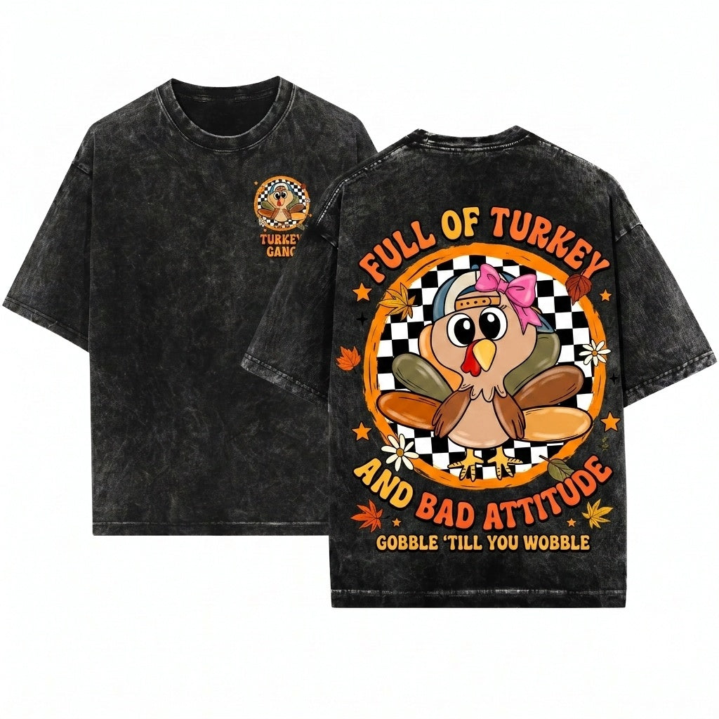 Checkered Cute Boys Girl Turkey Brushstroke Cap Thanksgiving Unisex Wash T-Shirt