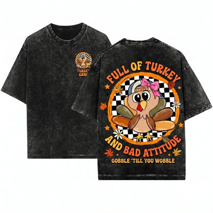 Checkered Cute Boys Girl Turkey Brushstroke Cap Thanksgiving Unisex Wash T-Shirt