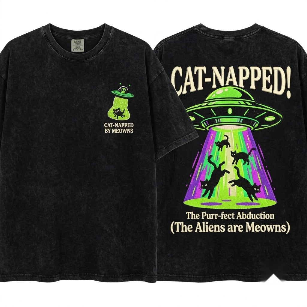 Alien Spaceship Cat Abduction Embroidered Oversized Vintage Unisex Wash T-Shirt