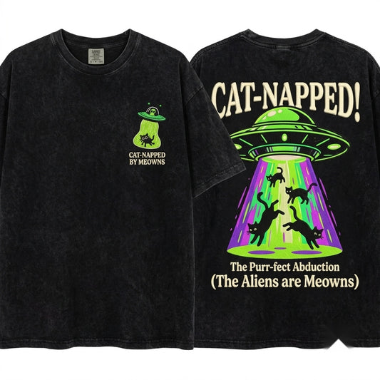 Alien Spaceship Cat Abduction Embroidered Oversized Vintage Unisex Wash T-Shirt