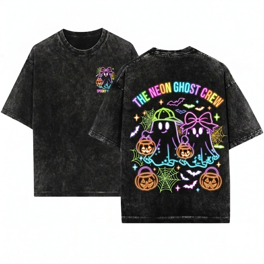 Cute Custom Name Ghost Boo Bow Preppy Neon Halloween Toddler Kids Graphic Unisex Wash T-Shirt