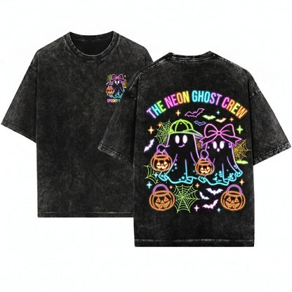 Cute Custom Name Ghost Boo Bow Preppy Neon Halloween Toddler Kids Graphic Unisex Wash T-Shirt