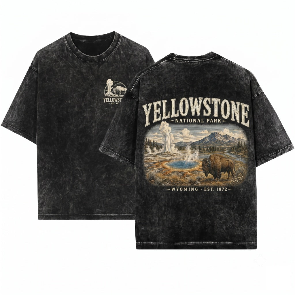 Yellowstone National Park Vintage Wyoming Nature Bison Geyser Landscape Outdoor Adventure Travel Gift Unisex Wash T-Shirt
