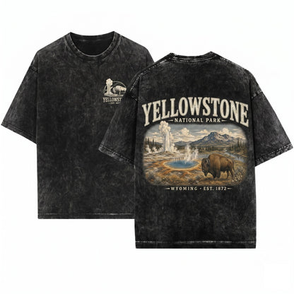 Yellowstone National Park Vintage Wyoming Nature Bison Geyser Landscape Outdoor Adventure Travel Gift Unisex Wash T-Shirt