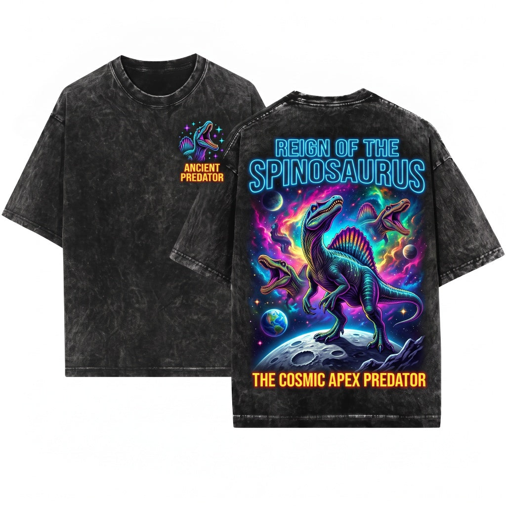 Funny Three Spinosaurus Moon Galaxy Prehistoric Dinosaur Retro Graphic Unisex Wash T-Shirt