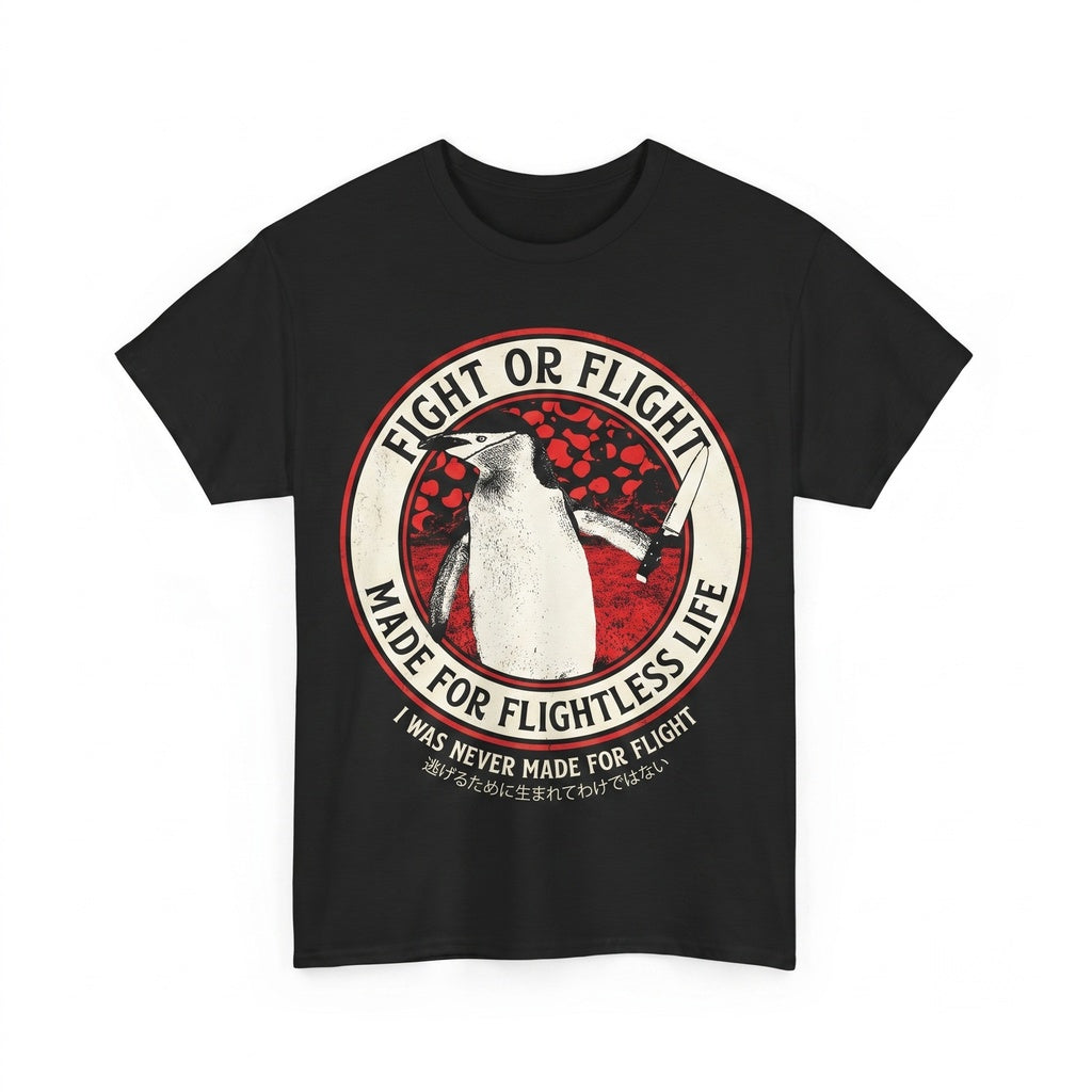 Fight or Flight Vintage Japanese Retro Humorous Penguin Graphic Apparel Unisex TShirt