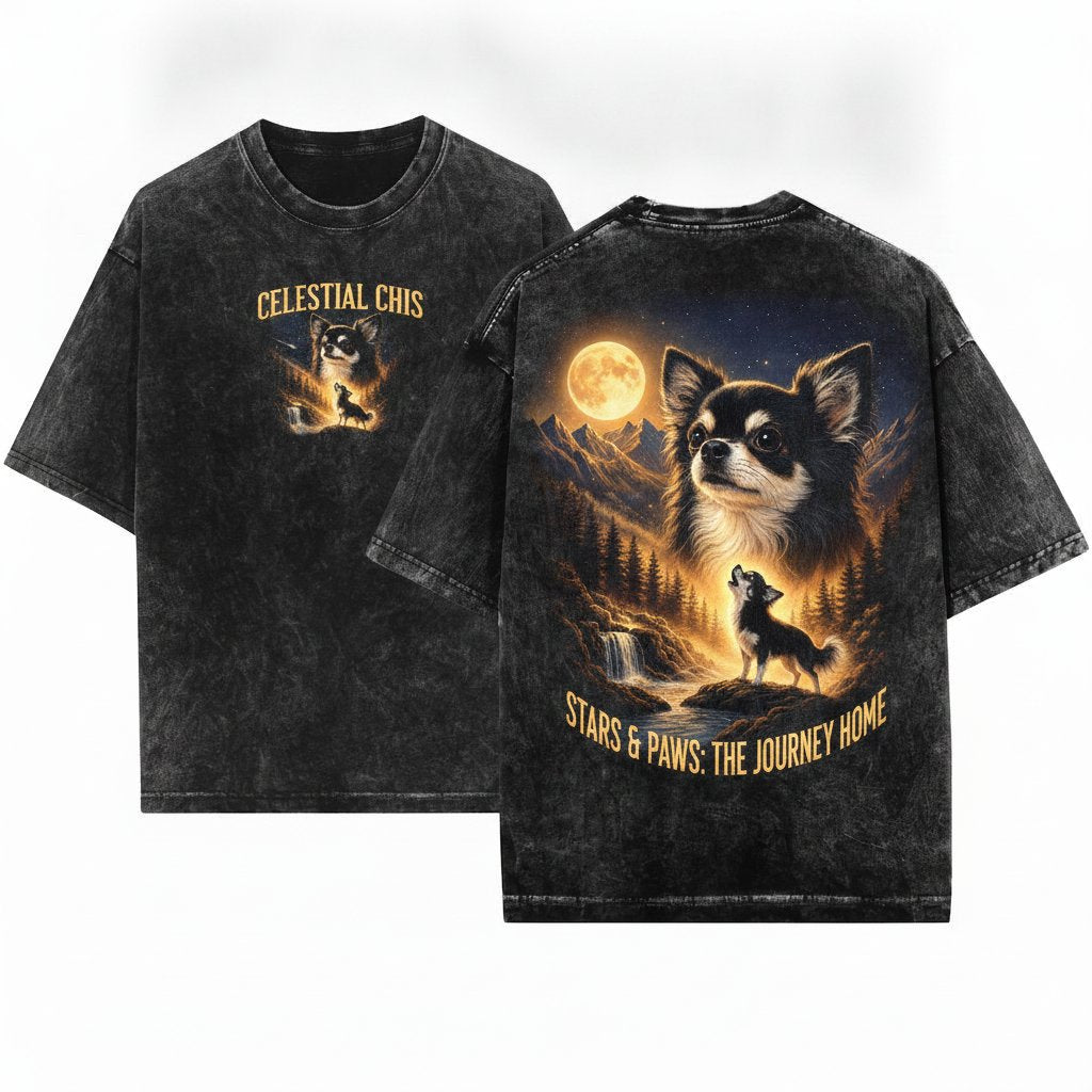 Chihuahua Howling Moon Vintage Graphic Gift Long Hair Retro Unisex Wash T-Shirt