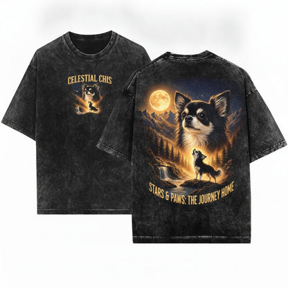 Chihuahua Howling Moon Vintage Graphic Gift Long Hair Retro Unisex Wash T-Shirt