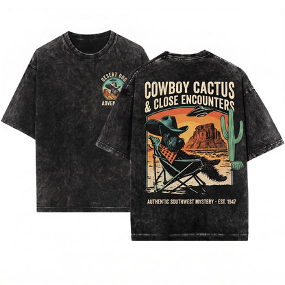 Vintage Western Cowboy Alien UFO Scottie Dog Mom Dad Gift Unisex Wash T-Shirt