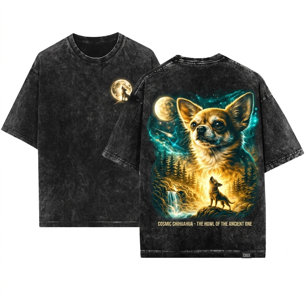 Vintage Chihuahua Howling at Full Moon 90s Retro Graphic Animal Lover Gift Unisex Wash T-Shirt