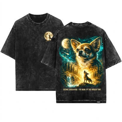 Vintage Chihuahua Howling at Full Moon 90s Retro Graphic Animal Lover Gift Unisex Wash T-Shirt