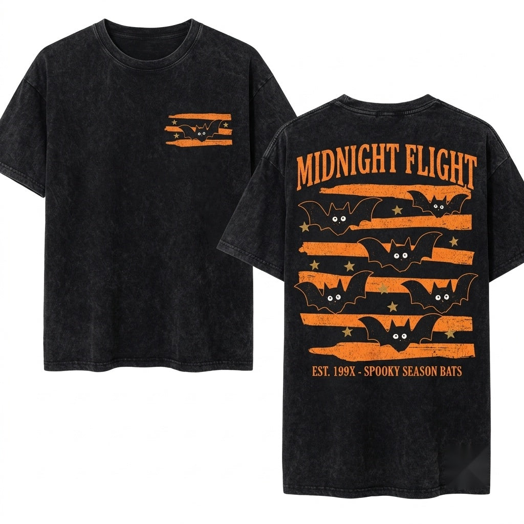 Cute Bat Halloween Spooky Season Linocut Graphic Unisex Wash T-Shirt