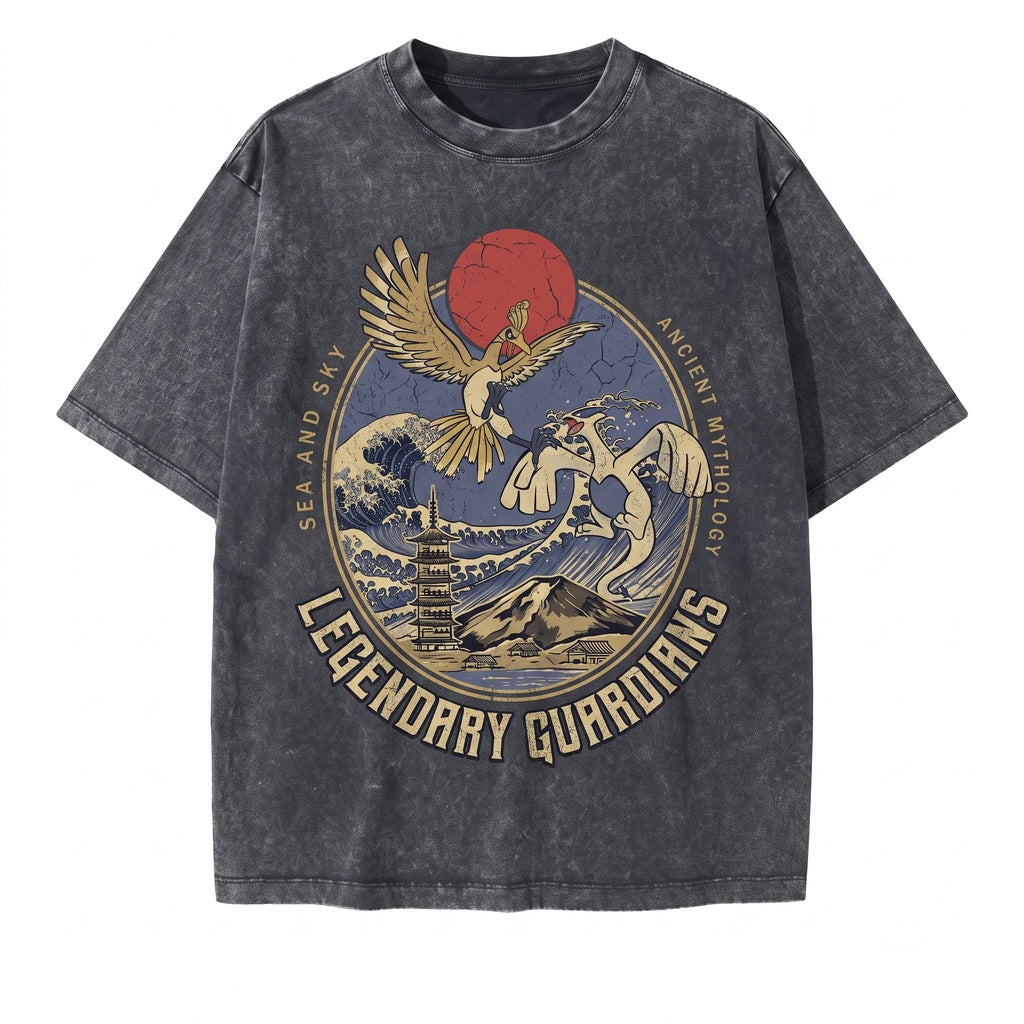 Lugia vs Ho-Oh Vintage Wash Graphic Anime Legendary Bird Top for Boys Girls Unisex TShirt