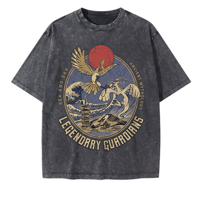 Lugia vs Ho-Oh Vintage Wash Graphic Anime Legendary Bird Top for Boys Girls Unisex TShirt