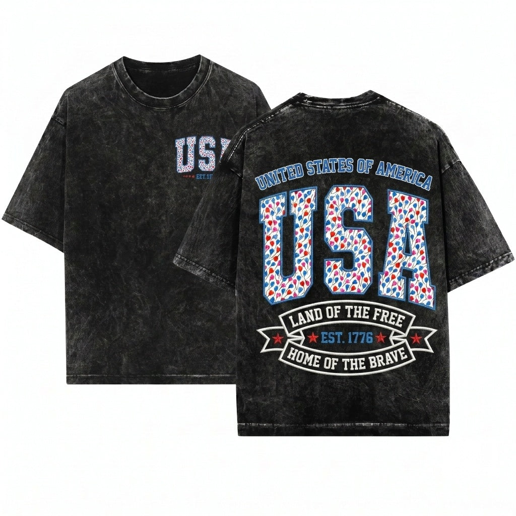 Faux Embroidery USA Est 1776 Preppy Patriotic Heart Balloon Varsity 4th of July Red White Blue Graphic Digital File Unisex Wash