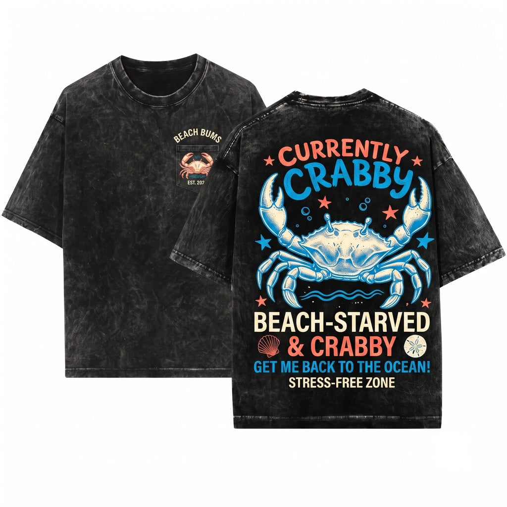 Currently Crabby Vintage Coastal Beach Graphic Unisex Wash T-Shirt