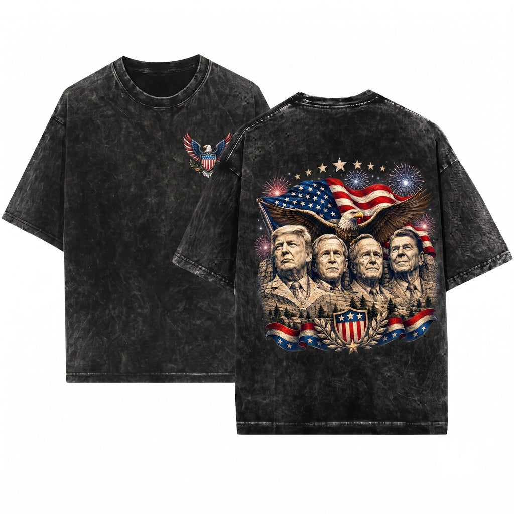 American Presidents Mount Rushmore Eagle Flag Patriotic Apparel Unisex Wash T-Shirt