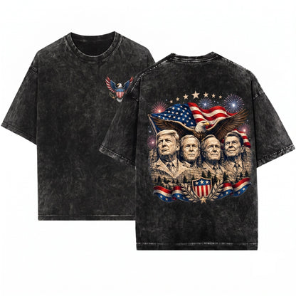 American Presidents Mount Rushmore Eagle Flag Patriotic Apparel Unisex Wash T-Shirt