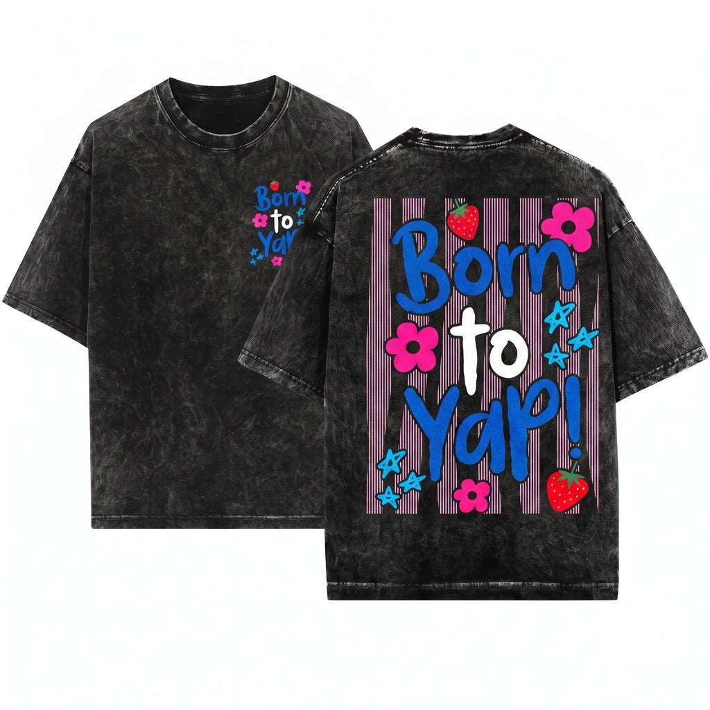 Kids Youth Girly Striped Graphic Trendy Born To Yap Unisex Wash T-Shirt