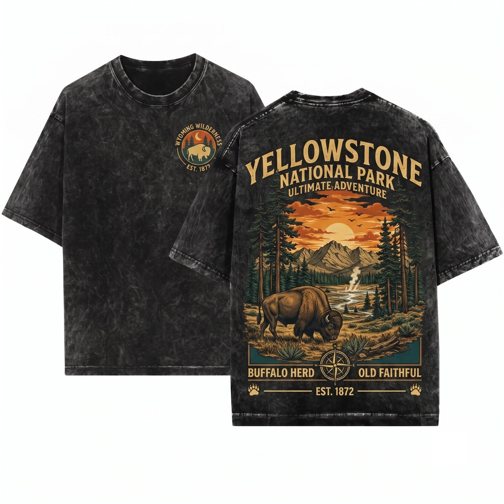 Rustic Buffalo Mountain Sunset Graphic Western Wildlife Top Unisex Wash T-Shirt